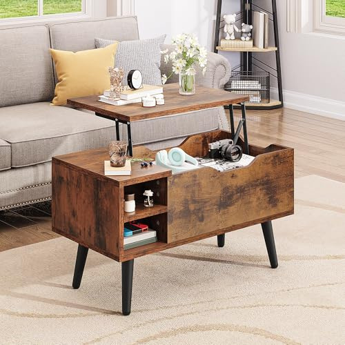 YITAHOME Lift Top Coffee Table with Hidden Compartment, Adjustable Storage Shelf, Spring Lifter, Coffee Table with Storage for Living Room, 80x40x61.5cm, Rustic Brown
