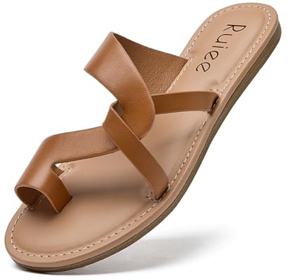 Ruiee Women's Flat Slides Sandals,Flip Flop Thong Summer Cool Beach Shoes Slip On Strapy Sandal for Women.22003 Brown PU Size9