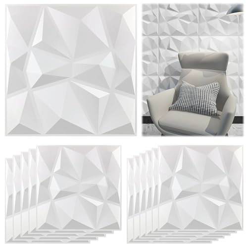 16 Piezas Panel de Pared de 3D Diamante 30 x 30 cm para Decoración de Paneles Decorativos en Blanco, Revestimiento de Paredes PVC, Resistentes al Agua, Resistentes al Calor, Inodoros, Blancos Mate