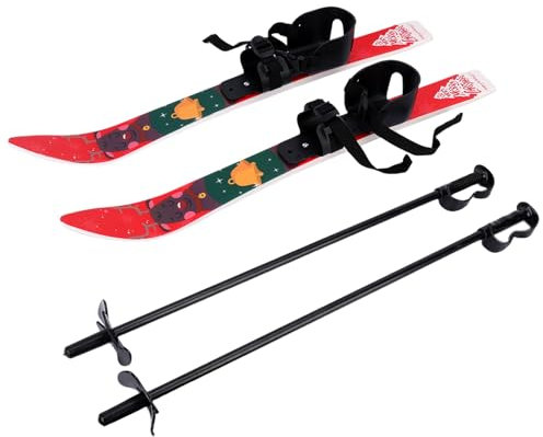 Rutaqian Anfänger Ski - Kinderski Babyski Ski Lernski mit Skistöcken weihnachtlichem Muster, verstellbare Schnalle Rot