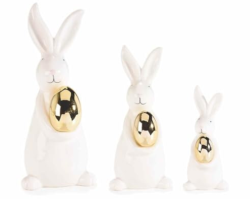 Gruppo Maruccia - Conigli in Porcellana Bianca con Uovo Dorato - Decorazione Pasquale e Primaverile per la Casa - Idea Regalo - Set da 3