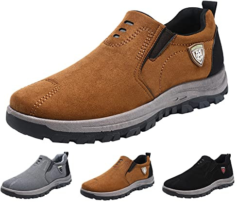 Generisch Men's Casual Shoes Without Laces Trainers Men's Slip On Sports Shoes Suede Trainers Lightweight Hiking Shoes Non-Slip Trekking Shoes Flat Sole Walking Shoes Plain Low Shoes, brown, 9 UK