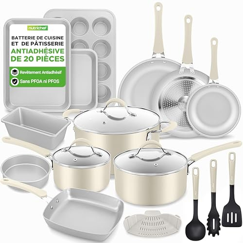NutriChef Set Pentole e Padelle Antiaderenti 20 Pezzi con Coperchi in Vetro e Utensili, Teglie da Forno per Pizza, Pane, Teglie Forno per Dolci, Torta, Biscotti, Stampo Muffin e Stampo Plumcake