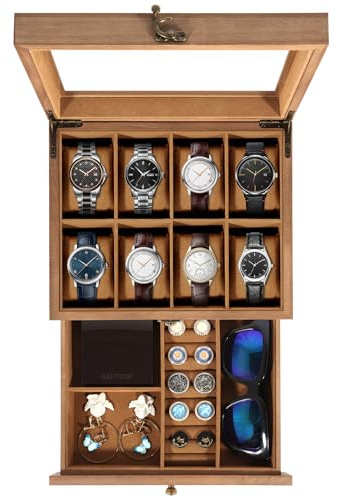 Uten Scatola Porta Orologi a 8 Scomparti, 2 Livelli Porta Orologi Legno, Coperchio in Vetro, Cuscino di Seta, Fodera Marrone, Idea Regalo, Catola Portagioielli per Orologi Uomo e Donna