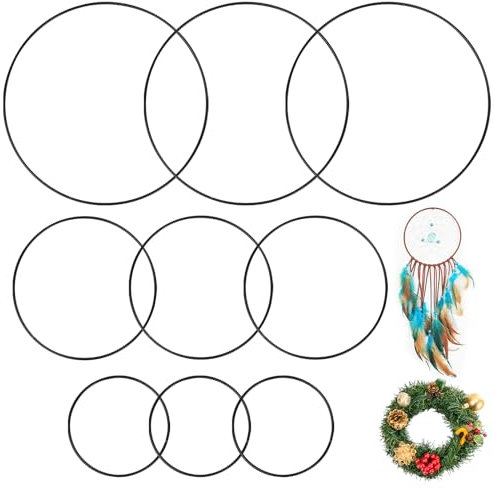 9Pezzi Cerchio Floreale in Metallo Neri Rotonda, 10cm/15cm/20cm Anelli Macramè in Metallo da Parete Decorativi, Cornice Rotonda Acchiappasogni Sospesi per Decorazioni per Feste Ghirlande
