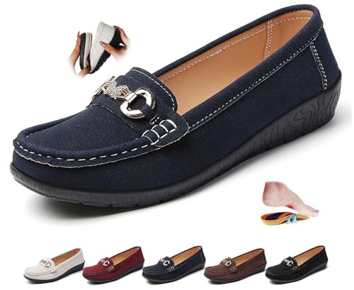 ZPLMIDE, mocassini ortopedici da donna in pelle scamosciata, mocassini retrò da donna, scarpe da barca con tacco a cuneo, comode, con zeppa, alla moda, con chiusura a scatto, Blu, 43 EU