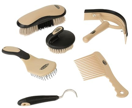 Weaver Equine 6-Piece Horse Grooming Kit, Ergonomic Gentle Horse Care Kit, Equestrian Supplies for Bathing Support, Detangling, and More, Black/Tan