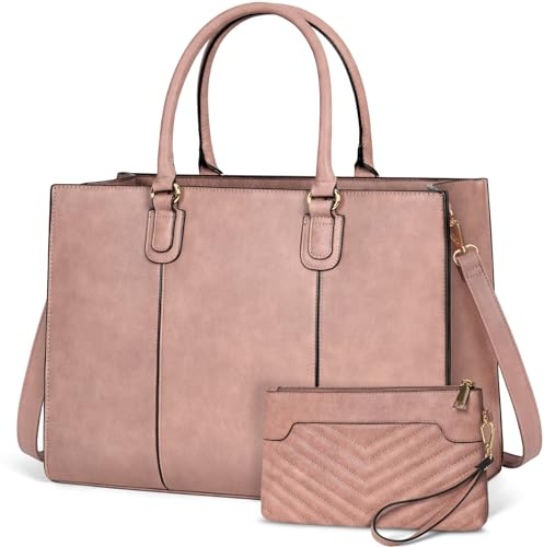 NEWHEY Laptopväska för kvinnor, 40 cm stor arbetsväska med kuvertväska, axelväska i PU-läder, designerhandväska med laptopficka för skola, kontor, resa, affärer, Retro rosa, Large