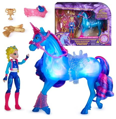 Unicorn Academy, Unicorno Train & Glow River con Isabel, 3 Accessori da Dressage ed Effetto Luminoso, Bambole e unicorni Giocattolo per Bambine dai 4 Anni in su
