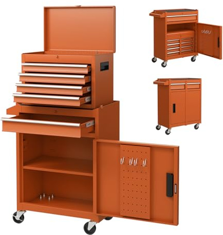 GOPLUS 2 in 1 Werkzeugschrank aus Metall, Kombinierter Rollschrank mit tragbarem Werkzeugkasten, Mobiler Werkstattwagen mit 5 Schubladen & Antirutschmatten, für Werkstatt & Haushalt (Orange)