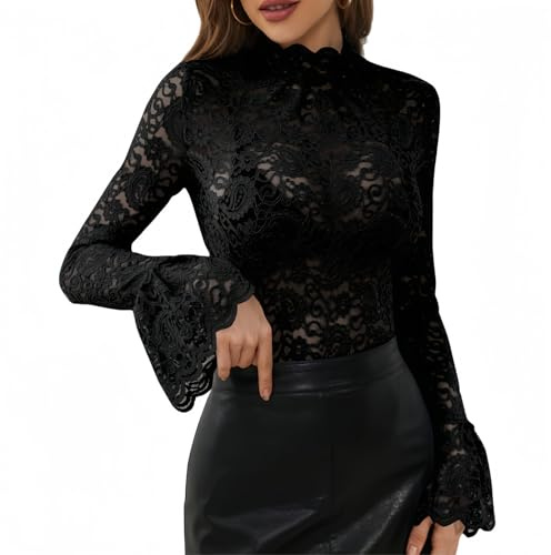SamHeng Women's Flare Long Sleeve Tops Sexy Floral Lace See Through Tee Shirt High Neck Slim Fit Elegent Basic Blouse Top Going Outfits for Office Lady Clubwear Streetwear, Black/L