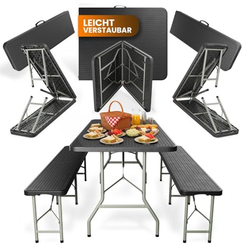 Rosentahl Skyfold Juego de mesa plegable de plástico – Juego de 3 piezas con mesa y 2 bancos – Resistente a la intemperie, estable hasta 500 kg por banco, aspecto de ratán para jardín y familia