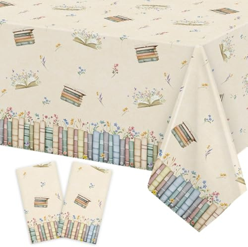 Heboland Vintage Floral Book Table Cloth, 137x274cm, 2 Pack | World Book Day Decorations Tablecloth, Storybook Club New Chapter Baby Shower Table Covers Book ClubReading