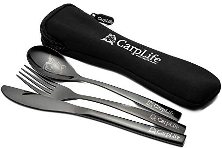CarpLife Black Stainless Steel Cutlery Set for 1 - Travel Portable Outdoor Fishing Cutlery Set for 1 - Camping Eating Utensils with Etched Design and Neoprene Case