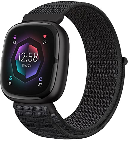 Runostrich sportband i nylon kompatibla med Fitbit Versa 3/Fitbit Sense, mjukt ventilerande ersättningsband för dam och herr (mörkt svart)