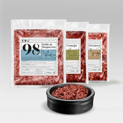 CRU - Comida para Gatos Cruda y Natural Mix de 3 sabores - Dieta Barf para Gatos Junior y Adultos - Comida Congelada para 2 Meses - 24 Paquetes de 500g. (24 Paquetes, Mixto 3 sabores)