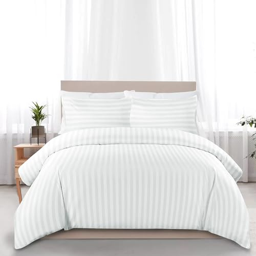 My home store Bettwäsche-Set für King-Size-Betten, 100 % Baumwolle, Hotelqualität, gestreift, mit 2 Kissenbezügen, hypoallergen, Knopfverschluss, weich, atmungsaktiv, Weiß