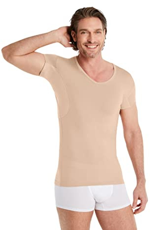 FINN Maglia Intima Anti-Sudore Uomo con maniche extra corte - Perfetta sotto camicie e polo a maniche corte - Canottiera con Assorbenti Ascellari contro macchie di sudore e cattivi odori Color Pelle S
