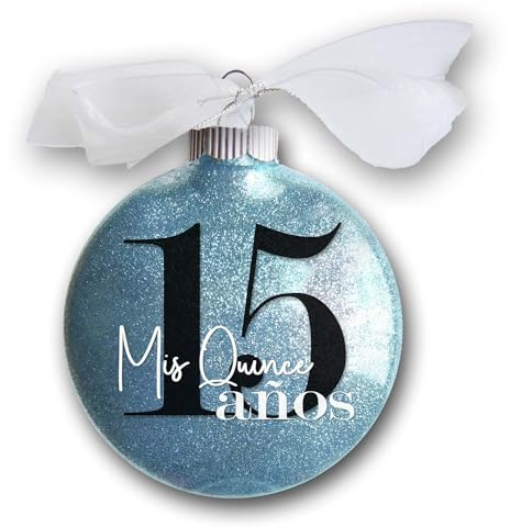 15 Mis Quince Años Christmas Ornament, 15th Birthday Quinceañera Gift for Teen Girl, Turning Fifteen Years Old Keepsake, Sparkly Glittered Bauble with White Organza Bow (No Year)
