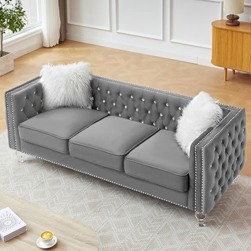 Homies Life 83 Chesterfield Sofa, Velvet Mid-Century Modern Upholstered Couch with 2 Throw Pillows and Acrylic Legs, Nailhead Button Tufted Vintage Sofa for Living Room, Apartment, Office, Grey