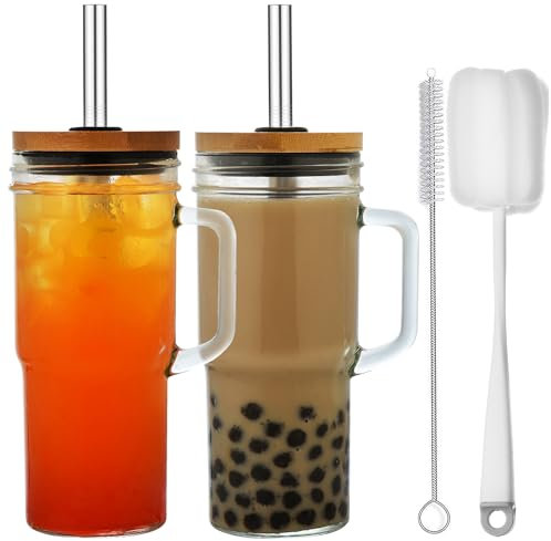 ALINK Lot de 2 gobelets de 710 ml avec poignée, couvercle et paille – Verres réutilisables pour café glacé, smoothies, bière, jus et thé – Avec 2 brosses
