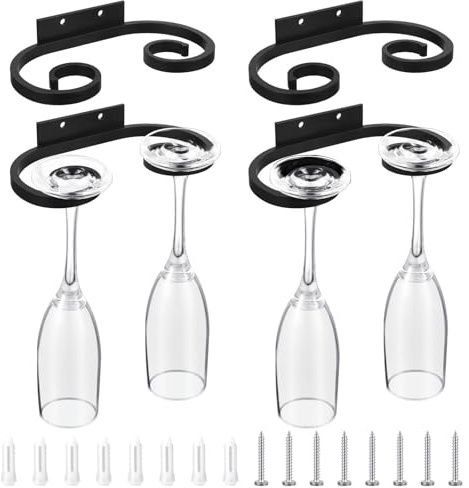 Wenqik 4 Pcs Wall Mounted Wine Glass Rack Stemware Glasses Holder Metal Black Wire Wine Cup Hanger Holder for Stemware Storage Organizer Bar Kitchen (6.77 Inch)