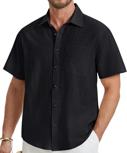 HISDERN Nero Camicia Lino Uomo Manica Corta Casual Elegante Estate Camicie per Vacanza Formale Lavoro Camicia con Bottoni Tasca Regular Fit XL