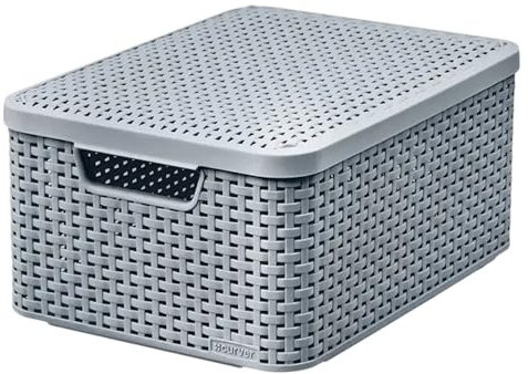 Curver Rattan Style Aufbewahrungsbox mit Deckel 18L, Aufbewahrungskorb, Kunststoff, Aus Recyclingmaterial in mindestens 70% (Hellgrau, M: 38,6 x 28,7 x 17 cm)