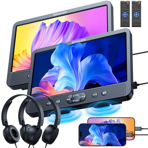 GOnavidio 10.1 Dual Car DVD Players with HDMI Input, Headphones, Mounting Brackets, Headrest DVD Players for Car Support USB/SD Card, AV in/Out, Last Memory, Play A Same or Two Movies, No Battery