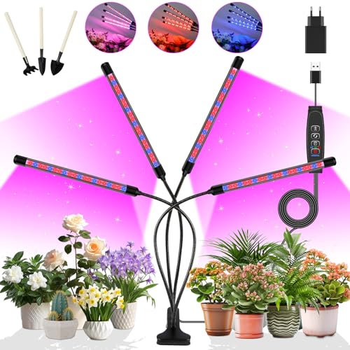 ANPSSSEN Lampes de Croissance pour Plantes d'Intérieur, 4 Têtes, Spectre Complet, Minuterie 3/9/12H, 3 Modes, 10 Niveaux de Luminosité