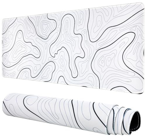 Large Gaming Mouse Pad, Topographic Mouse Mat for Gaming Mousepad Office, Long XL Mouse Pads Keyboard Pad for Computer Laptop 31.5''x11.8'' Desk Mat (White)