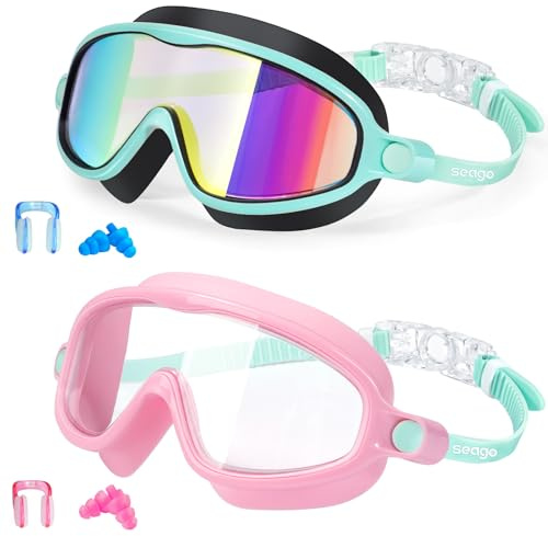 Kids Goggles for Swimming 2 Pack No Leaking Anti-Fog Outer Eye Fit with Wide View UV Protection Crystal Clear Watertight Swim Goggles with nose cover Suitable for Children Youth Boys Girls Age 3 to 14