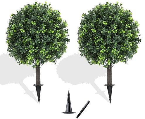 LXNRMHCH Set di 2 pezzi di arte topiaria artificiale di bosso con picco, piante finte di bosso con cespugli verdi, resistenti ai raggi UV, piante artificiali da esterno, arbusti per decorazione