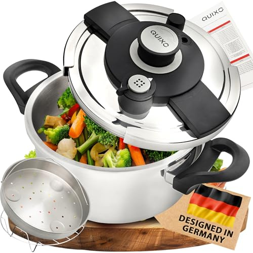 QUIXO Schnellkochtopf 4L VitaSmart mit Garkorb + Kochzeitsignal für alle Herdarten [NEU mit Füllmengenmarkierung] Dampfkochtopf mit 2 Garstufen
