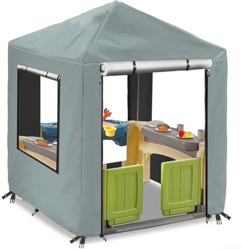Feeshoppher Playhouse Covers 420D Oxford Outdoor Play House Covers Waterproof Playhouse Cover Outdoor Children Play House Protection with Side Windows Zipper 56x56x60.2 Inch Gray