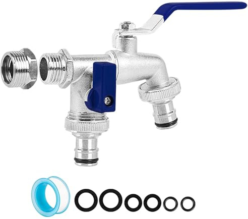 Brass Double Garden Tap - Universal 3/4 & 1/2 Inch Dual Outlet, Frost Resistant Outdoor Water Tap with 2 Hose Connectors for Patio & Lawn