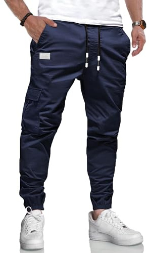 KUNJLELP Pantalones de Algodón para Hombre Pantalón Chino Básico Jogging Pants Elásticos con Cordones,Azul 02,L