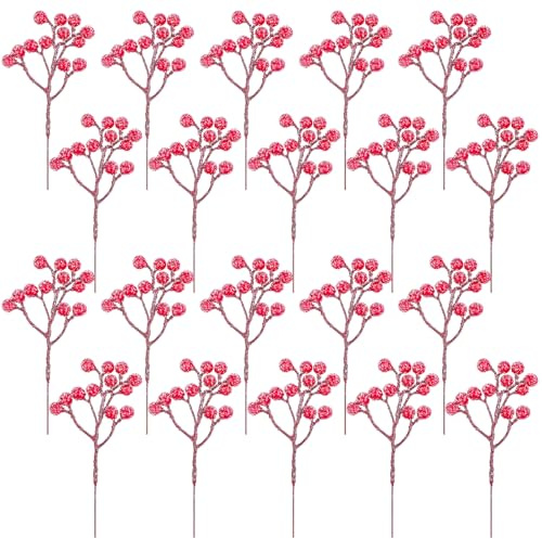 Fangoo 20 Pcs 18cm Artificial Christmas Spray Snowy Red Berry Stems holly floral berry picks for Xmas tree Decorations Fake Red Berries Branches Winter DIY Crafts Wedding Home Party Decor