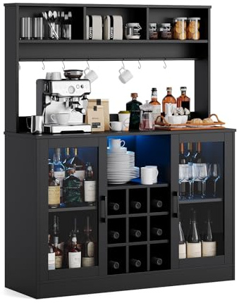 PortoAlegre Armadietto per vino autoportante, con luce a LED, armadio da cucina con piano di lavoro e scaffalatura, credenza per sala da pranzo, soggiorno, ufficio, 120 x 40 x 148 cm
