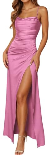 Abito da donna in raso con spalline sottili, abito da damigella d'onore, lungo, elegante, linea ad A, con spacco, sexy, senza maniche, maxi abito da sirena, O rosa., S