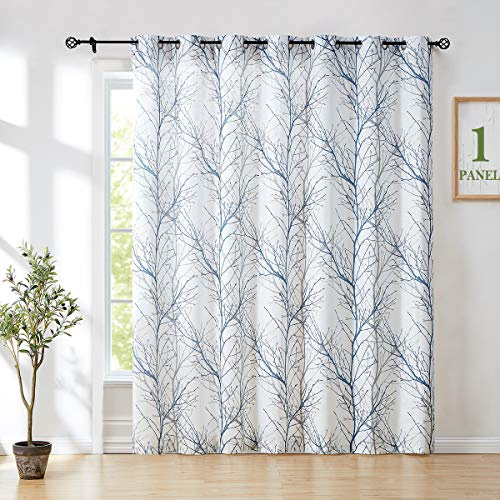 FMFUNCTEX Linen Blue White Semi Sheer Patio Curtains 84 Inch Long 1 Panel