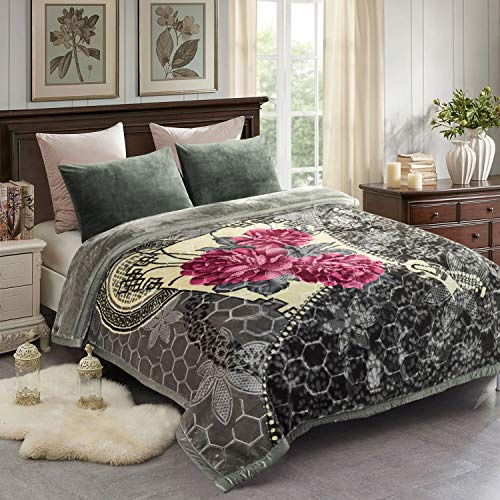JML fleecefilt plyschfilt king size 215 cm x 236 cm, 4,5 kg tung koreansk stil minkfilt – silkeslen mjuk och varm, 2 lager A&B tryckt Raschel sängfilt, grå röd blommig