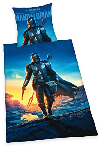 Herding Star Wars The Mandalorian Bettwäsche-Set, Kopfkissenbezug 80 x 80 cm, Bettbezug 135 x 200 cm, Mit leichtläufigem Reißverschluss, 100% Baumwolle/Renforcé