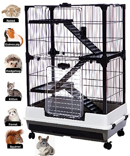 Large Multi-Level in/Outdoor Small Animal Cage for Guinea Pig Ferret Squirrel Chinchilla Cat Rabbit Hutch Paw Safe Solid Platform Ramp Bottom Mesh Floor Pull Out Leakproof Easy Clean Tray On Wheels