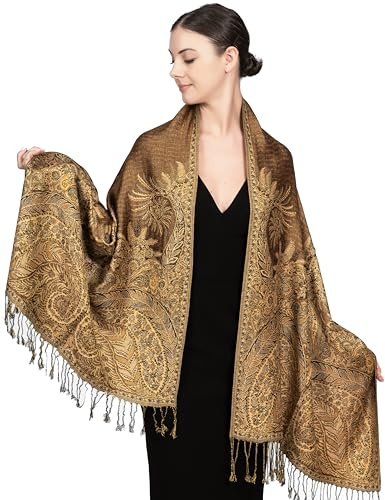 Achillea Sciarpa morbida e setosa reversibile paisley pashmina scialle avvolgente con frange, Grande Paisley Marrone Dorato, taglia unica