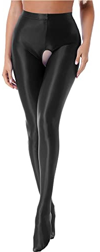 IEFIEL Toppfashionabel dam glänsande strumpbyxor ogenomskinliga silke strumpbyxor dansstrumpbyxor 70-talet strumpor dam formande strumpor olja strumpor glänsande storlek M-XL, X Svart Ouvert, L