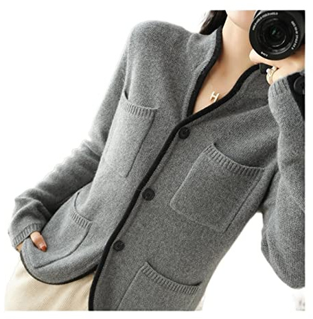 VATIVA Suéter 100 % de cachemira para mujer, cárdigan de cuello alto para otoño/invierno, chaqueta de punto casual (color: gris, talla: L)