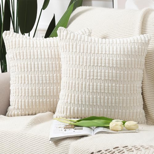 Madizz Pack of 2 Boho Striped Corduroy Throw Pillow Covers 16x16 inch, 40x40 cm, Beige Soft Decorative Cushion Cover for Sofa Bedroom Pillow Shell