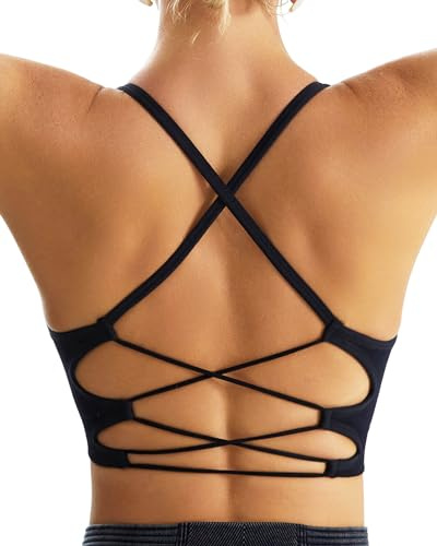 RUNNING GIRL Black Sports Bras for Women,Sexy Crisscross Back Seamless Backless Sports Bra Medium Support with Removable Pads(2935Black_L)