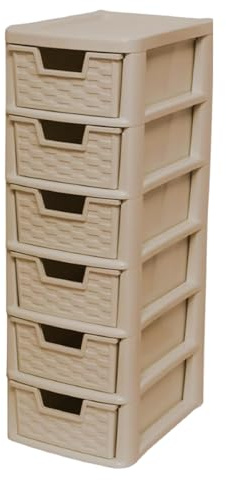 Khanary Plastic Storage Drawers Unit 6 Tier Small mini Tower Rattan Effect Homes, Kitchen, Schools, Offices Plastic Drawer Organizer Desktop Table Top Drawers Stationary-26Dx19Wx60H| Mushroom